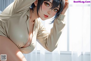 A nude woman sitting on a bed next to a window.