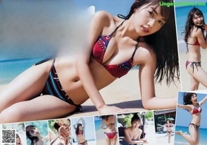 A collage of photos of a woman in a bathing suit.