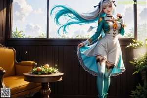 A woman with long white hair sitting on a bench.