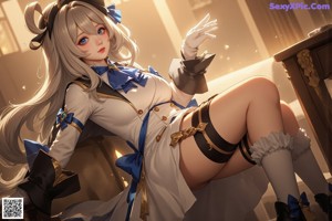 A woman with long blue hair wearing a white and blue outfit.