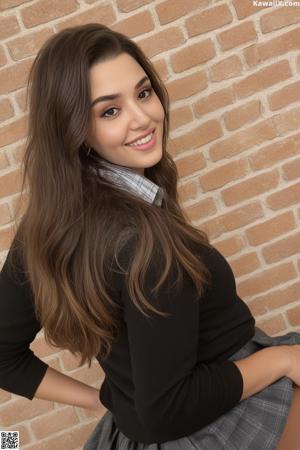 A woman in a blue bra and black skirt posing for the camera.